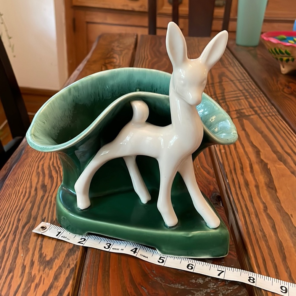 Vintage green/white glass deer vase